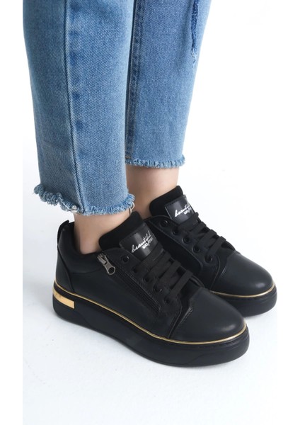 Dına Bağcıklı Fermuarlı Ortopedik Taban Kadın Sneaker Spor Ayakkabı Cst - Siyah/altın