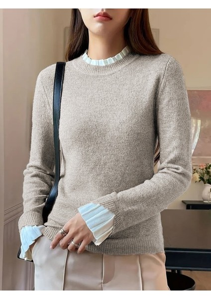 Kadın Uzun Kollu Fırfırlı Yakalı Triko Krem Bluz