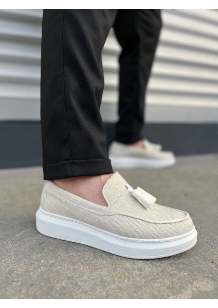 JY154 Blaze Bağcıksız Püsküllü Keten Erkek Günlük Spor Klasik Ayakkabı Kbt - Beyaz