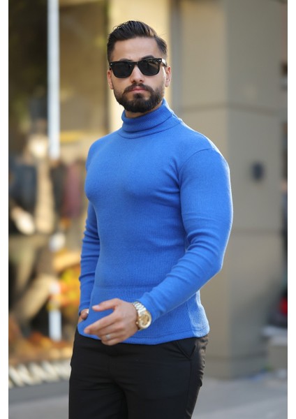 Mavi Kaşkorse Balıkçı Yaka Likralı Kazak