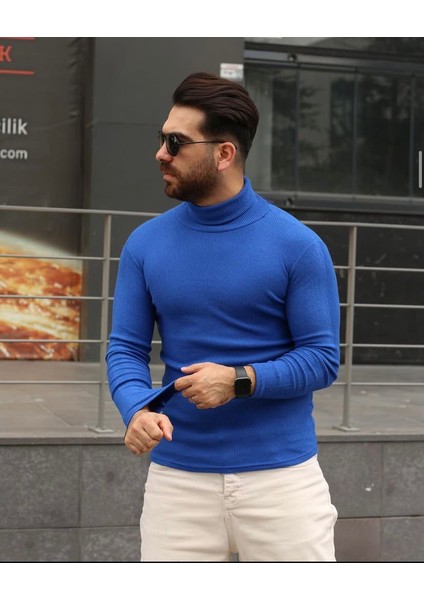 Mavi Kaşkorse Balıkçı Yaka Likralı Kazak indirimleri