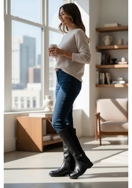 Siyah Uzun Fermuarlı Tokalı Bantlı Ince Taban Kadın Çizme modelleri