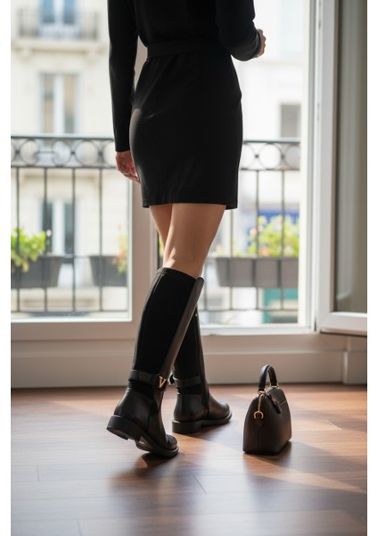 Siyah Uzun Fermuarlı Tokalı Bantlı Ince Taban Kadın Çizme fırsatları