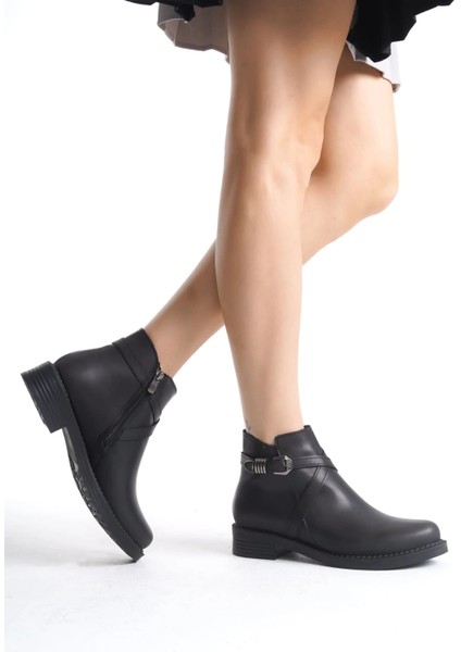 Almıla Fermuarlı Lastikli Ortopedik Taban Topuklu Kadın Bot Cst - Siyah
