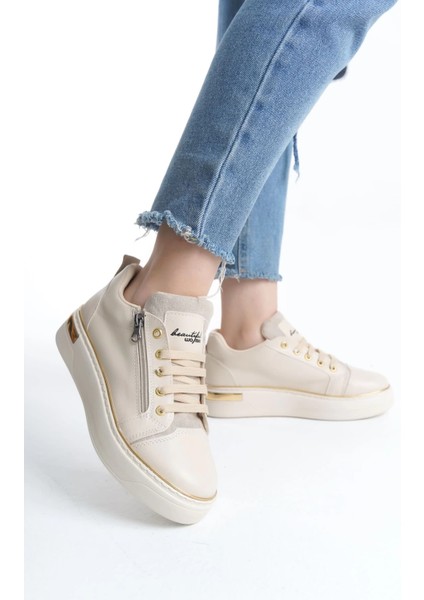 Dına Bağcıklı Fermuarlı Ortopedik Taban Kadın Sneaker Spor Ayakkabı Ckt - Krem/altın