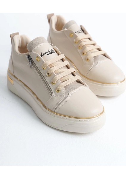 Dına Bağcıklı Fermuarlı Ortopedik Taban Kadın Sneaker Spor Ayakkabı Ckt - Krem/altın fırsatları