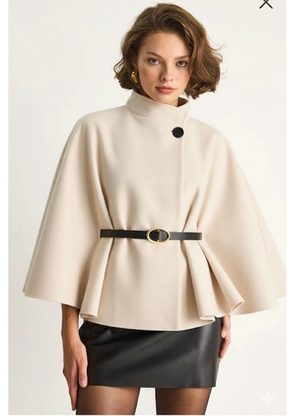 Kadın Kemerli Kaşe Panço- Krem