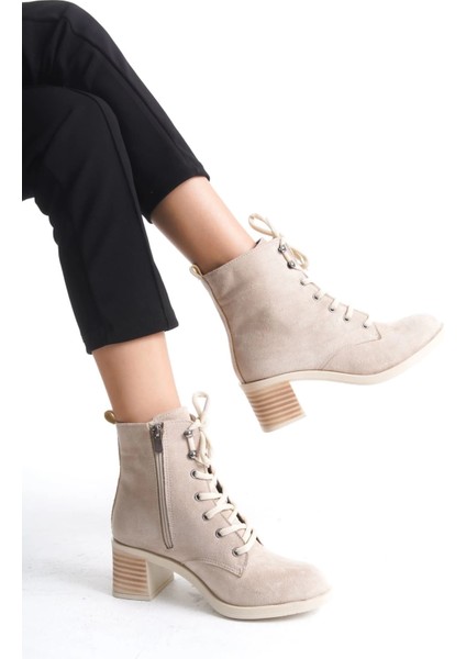 Lena Bağcıklı Fermuarlı Ortopedik Taban Topuklu Süet Kadın Bot Stt - Ten modelleri