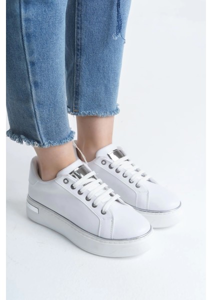 Mına Bağcıklı Ortopedik Taban Kadın Sneaker Spor Ayakkabı Cbt - Beyaz/gümüş