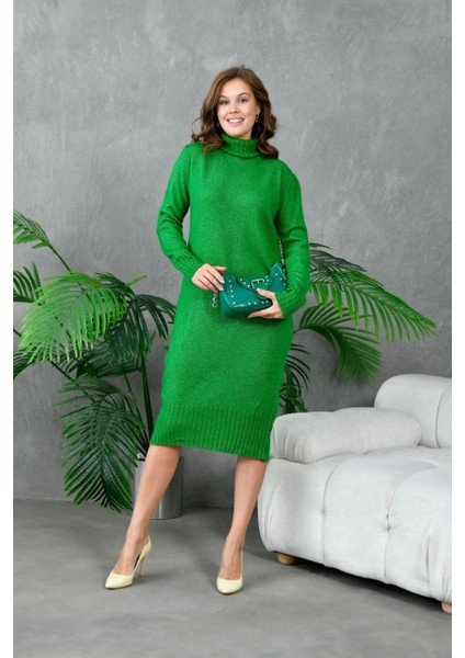 Kadın Elbise Boyunlu Diz Altı Örme Elbise Yeşil - 227067