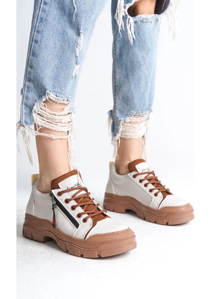 Agatha Bağcıklı Fermuarlı Ortopedik Taban Kadın Sneaker Spor Ayakkabı Ctt - Krem