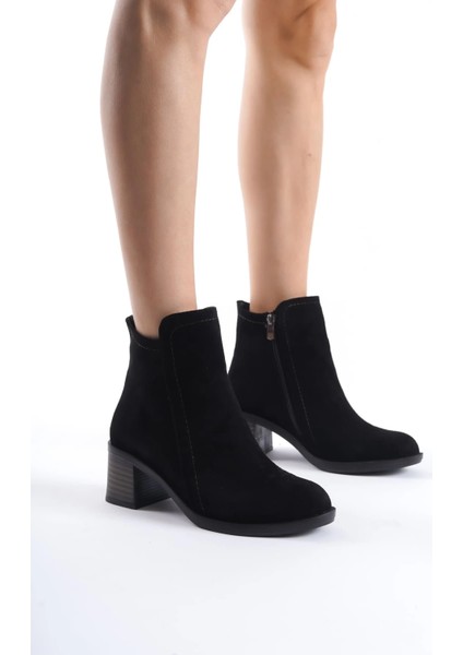 Larıssa Fermuarlı Ortopedik Taban Topuklu Süet Kadın Bot Sst - Siyah