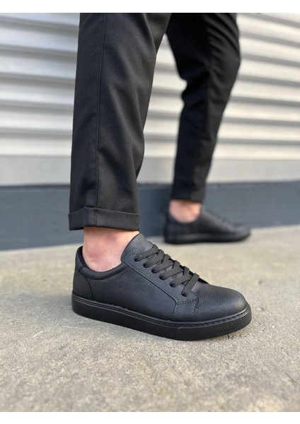 JY165 Elite Bağcıklı Cilt Erkek Günlük Sneaker Ayakkabı Cst - Siyah