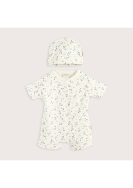 Sea Sıde Baskılı Tulum Şapka Set Ekru