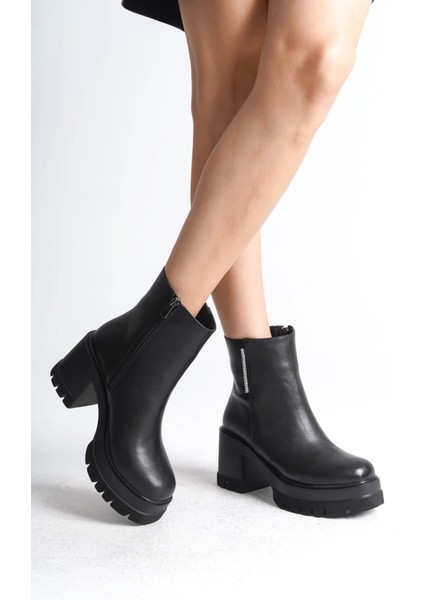 Lısse Fermuarlı Ortopedik Taban Kalın Topuklu Kadın Bot Cst - Siyah