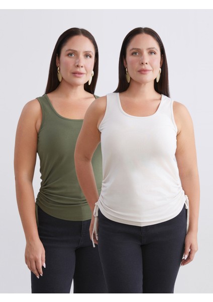 Büyük Beden Kare Yaka Büzgülü Kadın Atlet 2'li