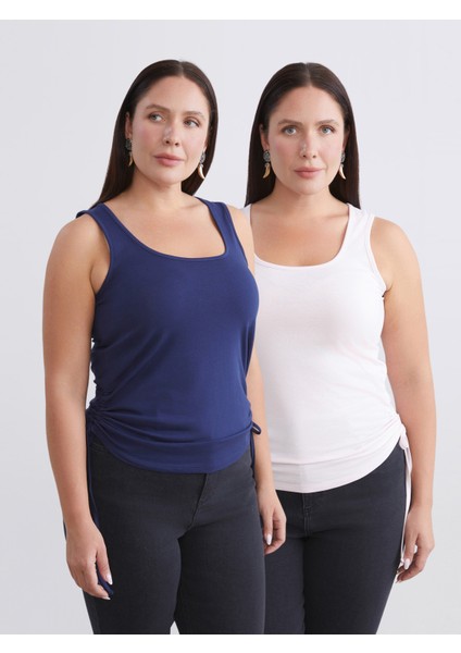 Büyük Beden Kare Yaka Büzgülü Kadın Atlet 2'li