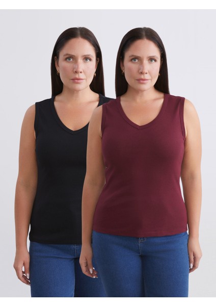 Büyük Beden V Yaka Kadın Atlet 2'li