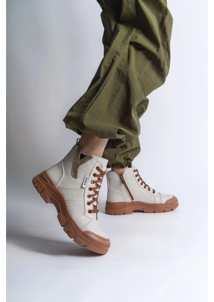 Amber Bağcıklı Fermuarlı Ortopedik Taban Kadın Bot Ctt - Krem