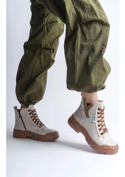 Amber Bağcıklı Fermuarlı Ortopedik Taban Kadın Bot Ctt - Krem fiyatları