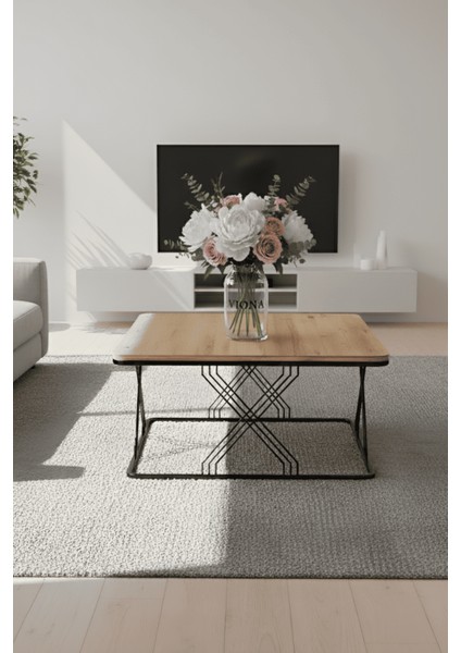 Dilsa Metal Ayak Kare Ahşap Hasır Orta Sehpa & Zigon Sehpa