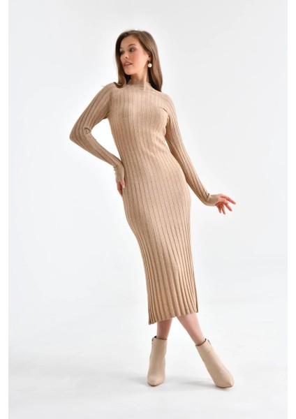 Kadın Elbise Dik Yaka Triko Midi Boy Elbise Camel - 10262