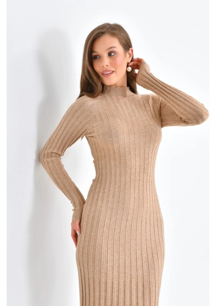Kadın Elbise Dik Yaka Triko Midi Boy Elbise Camel - 10262 modelleri