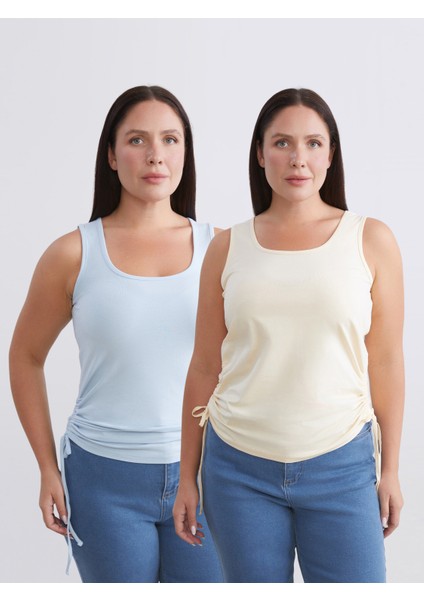 Büyük Beden Kare Yaka Büzgülü Kadın Atlet 2'li