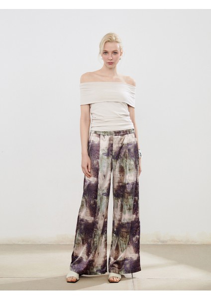 Beli Lastikli Desenli Geniş Paça Kadın Pantolon