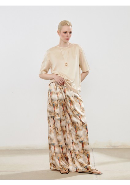 Beli Lastikli Desenli Geniş Paça Kadın Pantolon