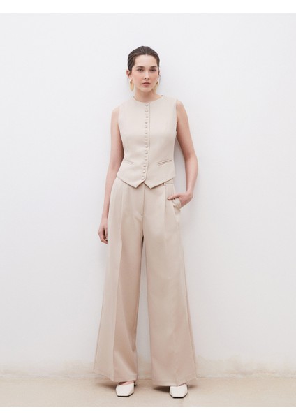 Loose Fit Krep Kadın Pileli Pantolon