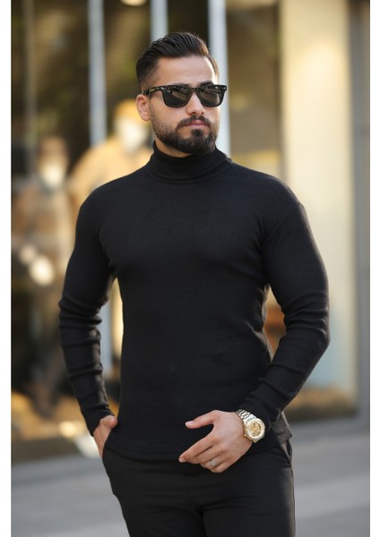 Siyah Kaşkorse Balıkçı Yaka Likralı Kazak