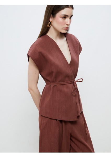 Kruvaze Yaka Keten Görünümlü Bluz