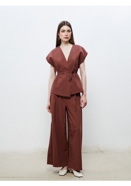 Kruvaze Yaka Keten Görünümlü Bluz fiyatları