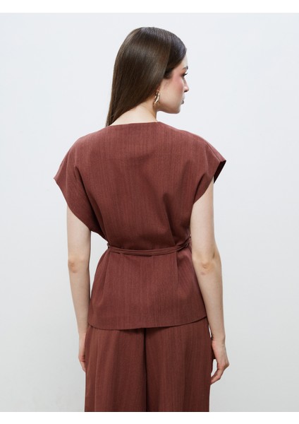 Kruvaze Yaka Keten Görünümlü Bluz fırsatları