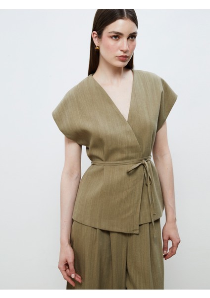 Kruvaze Yaka Keten Görünümlü Bluz