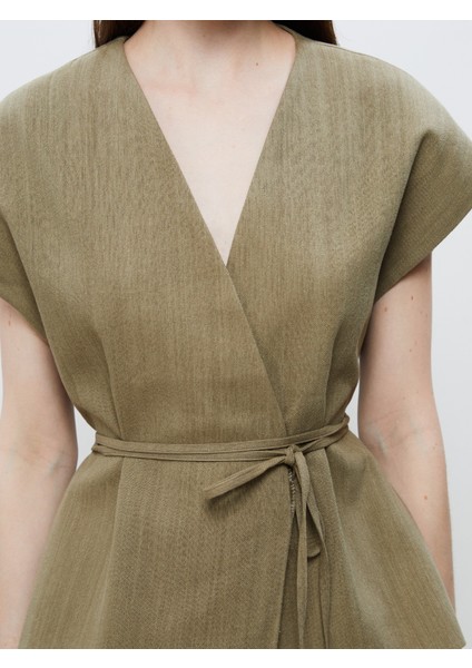 Kruvaze Yaka Keten Görünümlü Bluz modelleri