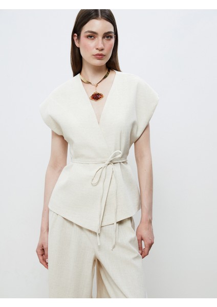 Kruvaze Yaka Keten Görünümlü Bluz