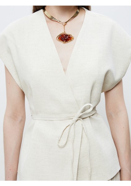 Kruvaze Yaka Keten Görünümlü Bluz modelleri