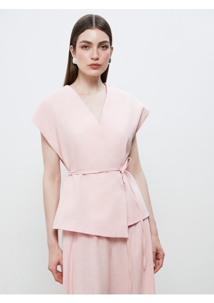 Kruvaze Yaka Keten Görünümlü Bluz