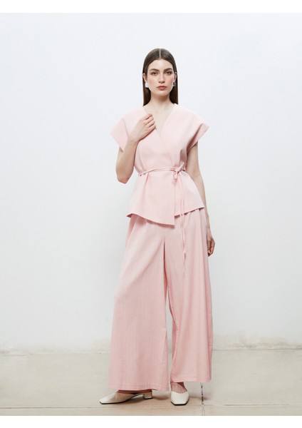 Kruvaze Yaka Keten Görünümlü Bluz fiyatları