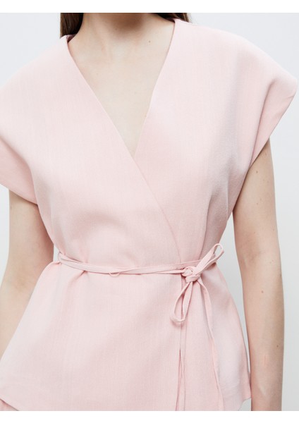 Kruvaze Yaka Keten Görünümlü Bluz modelleri