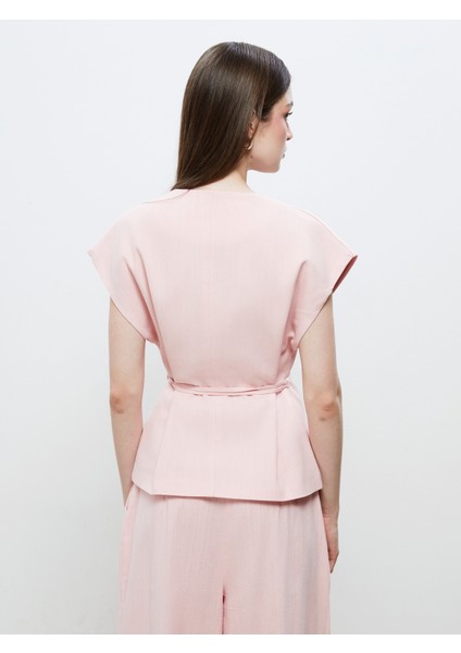 Kruvaze Yaka Keten Görünümlü Bluz fırsatları