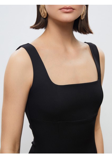 Kare Yaka Krep Elbise modelleri