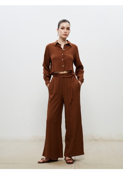 Beli Lastikli Dokulu Geniş Paça Kadın Pantolon