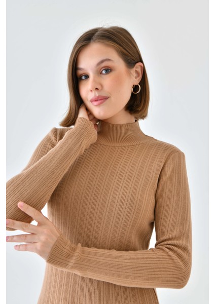 Kadın Elbise Boyunlu Yırtmaçlı Örme Elbise Camel - 10582 fiyatları