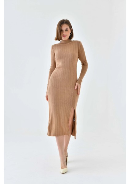Kadın Elbise Boyunlu Yırtmaçlı Örme Elbise Camel - 10582 indirimleri