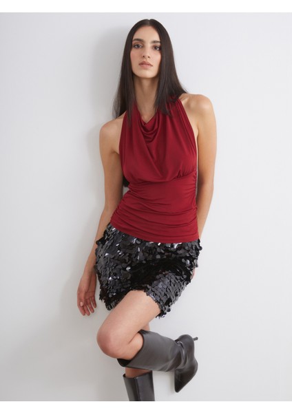 Dökümlü Halter Yaka Büzgülü Bluz