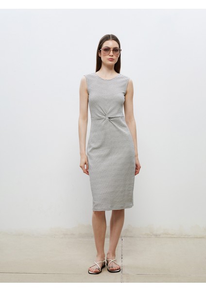 Bisiklet Yaka Çizgili Büzgülü Elbise