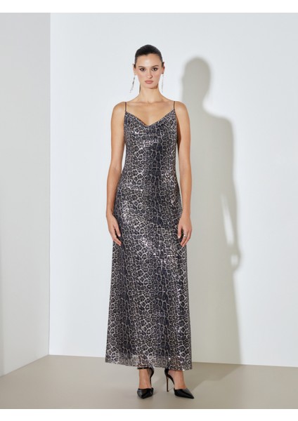 V Yaka Leopar Desenli Pullu Elbise fiyatları